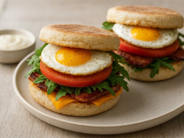 Fried EGG, Tomato, AND Arugula Sandwiches WITH Garlic Aioli