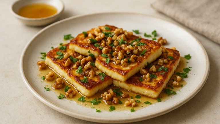Fried Halloumi With Honey And Walnuts