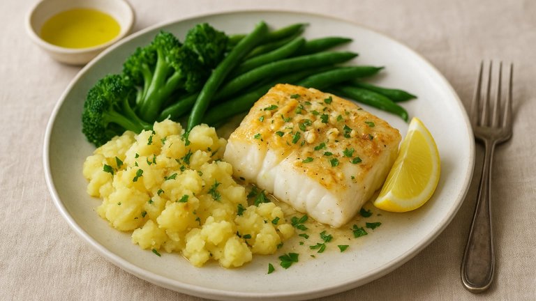 Garlic Cod, Crushed Potatoes