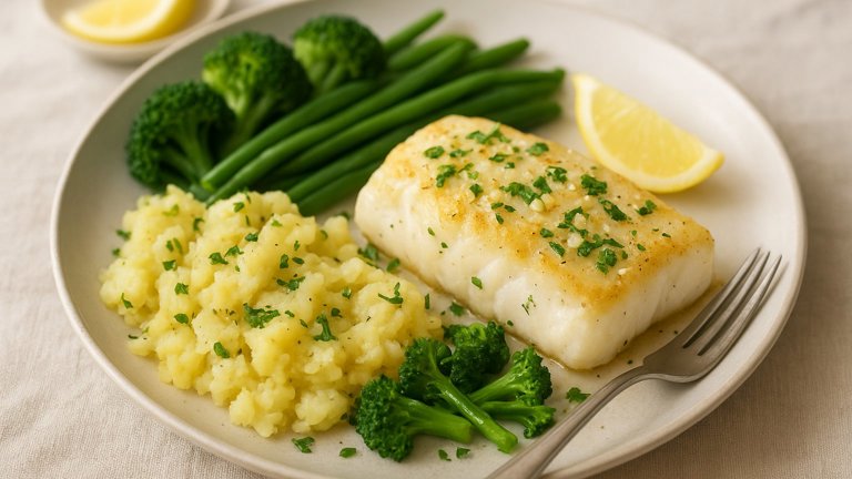 Garlic Cod, Crushed Potatoes