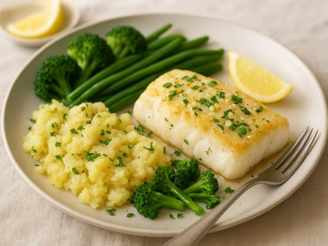 Garlic Cod, Crushed Potatoes