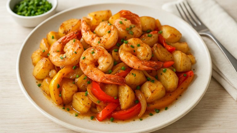 Garlic Shrimp & Spanish-Style Potatoes with Onion & Bell Pepper