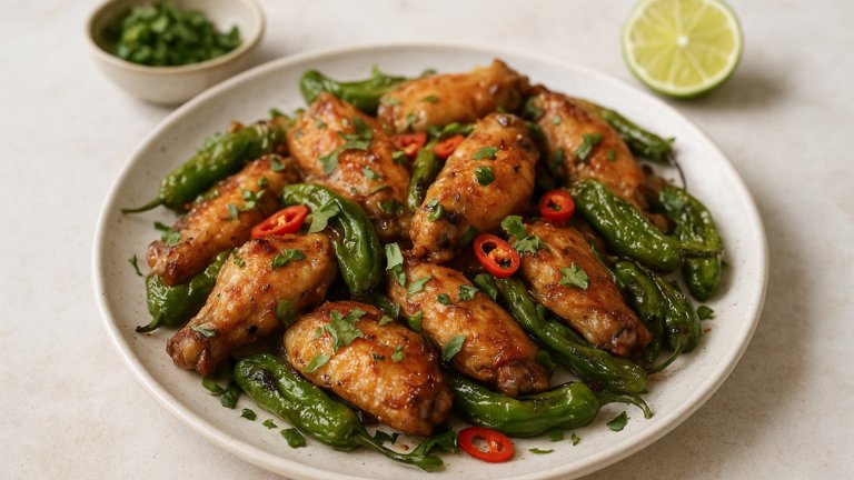Garlicky Wings & Shishito Peppers