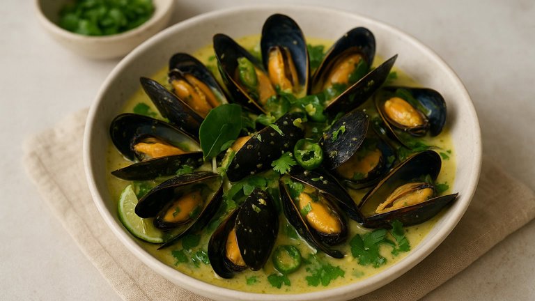 Ginger and Garlic Mussels with Lime Leaves