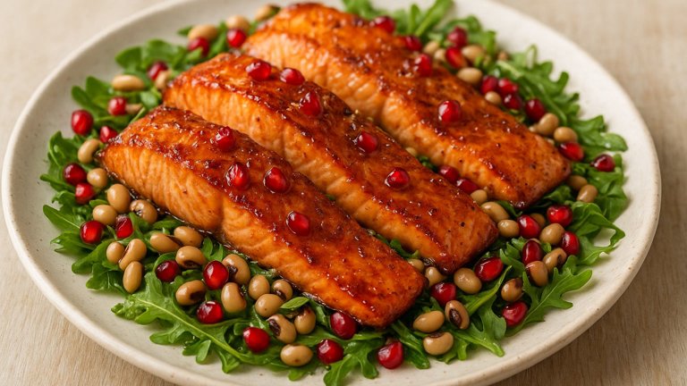 Glazed Salmon: With Black-Eyed Peas, Pomegranate Seeds, And Arugula
