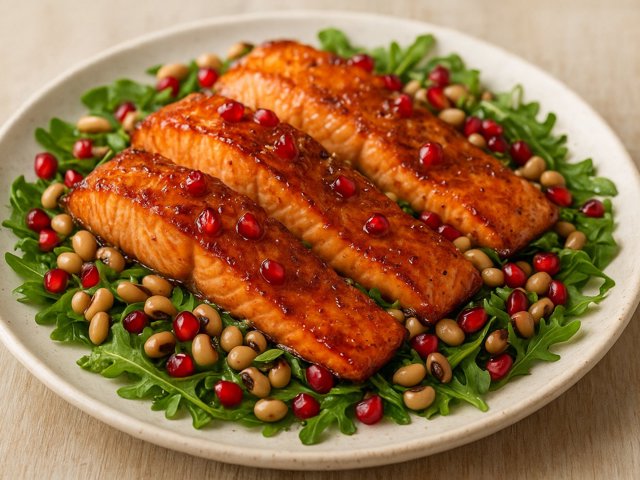 Glazed Salmon: With Black-Eyed Peas, Pomegranate Seeds, And Arugula