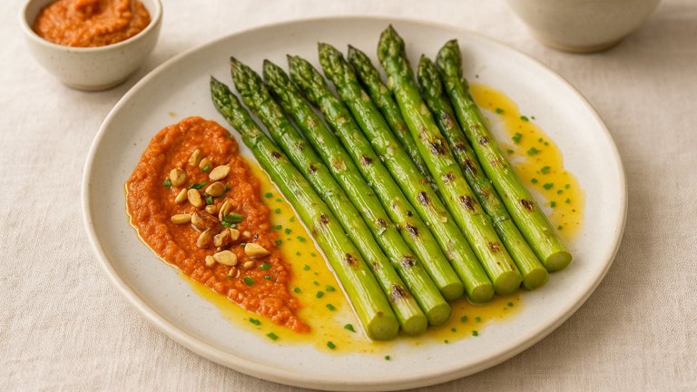 Grilled Asparagus With Orange Dressing And Romesco Sauce