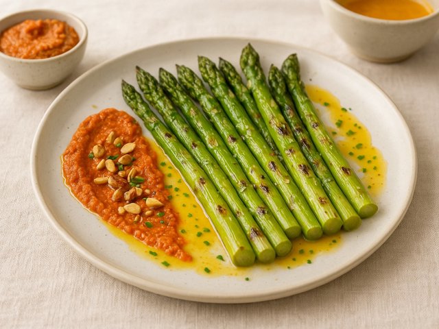 Grilled Asparagus With Orange Dressing And Romesco Sauce