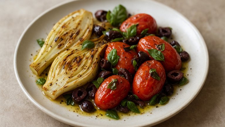 Grilled Fennel And Tomatoes With Olives And Basil
