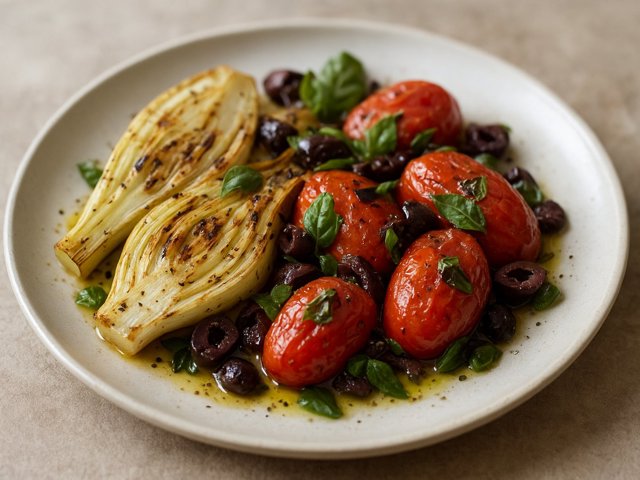 Grilled Fennel And Tomatoes With Olives And Basil