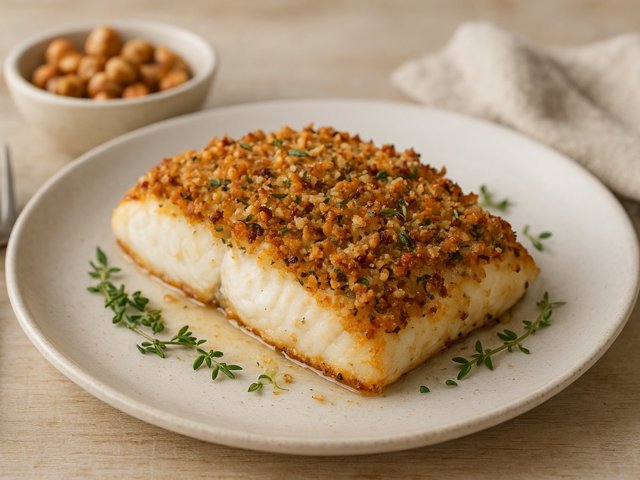 Grilled Halibut WITH Roasted Hazelnut Crust