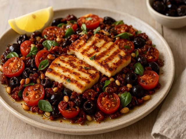 Grilled Halloumi, Sundried Tomatoes & Olives