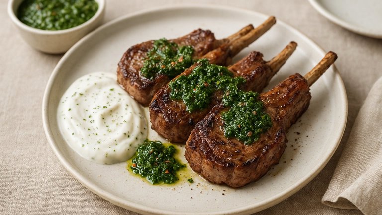 Grilled Lamb Chops With Mint Chimichurri & Yogurt Sauce