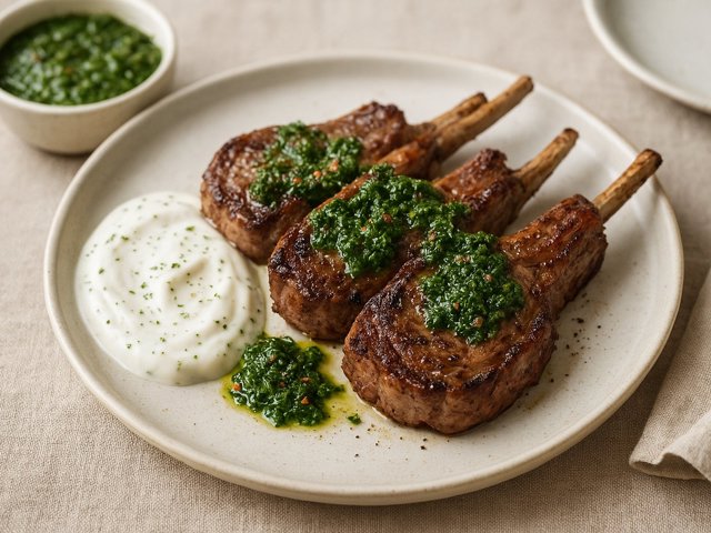 Grilled Lamb Chops With Mint Chimichurri & Yogurt Sauce