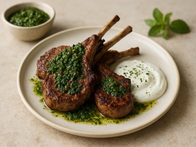 Grilled Lamb Chops With Mint Chimichurri & Yogurt Sauce