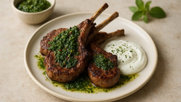 Grilled Lamb Chops With Mint Chimichurri &Amp; Yogurt Sauce