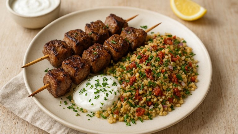 Grilled LAMB Skewers WITH Bulgur Wheat