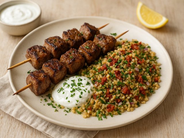 Grilled LAMB Skewers WITH Bulgur Wheat