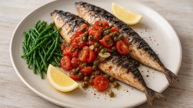 GRILLED MACKEREL with LEMON, SAMPHIRE and A TOMATO and CAPER SALSA
