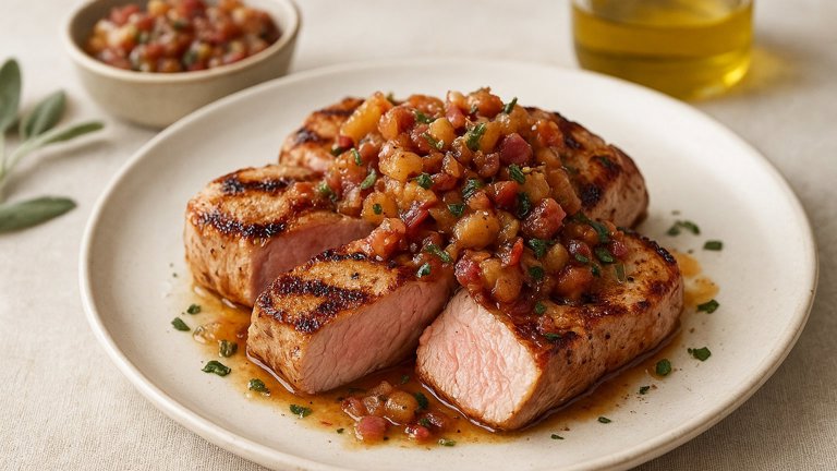 Grilled PORK Tenderloin Medallions WITH Savory Apple Bacon Chutney