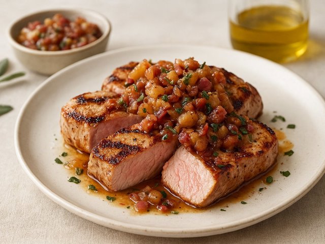 Grilled PORK Tenderloin Medallions WITH Savory Apple Bacon Chutney