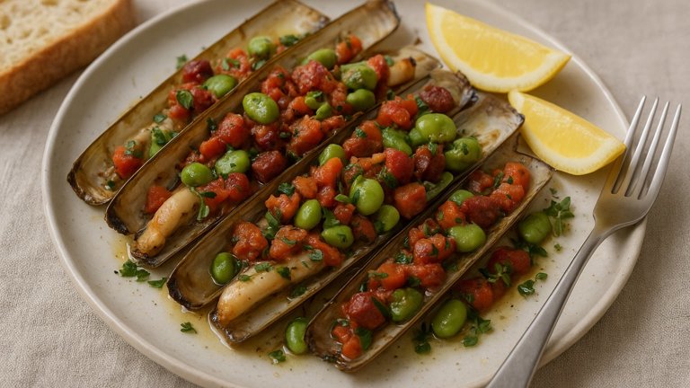 Grilled Razor Clams With Chorizo, Broad Beans And Tomatoes