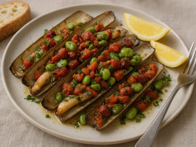 Grilled Razor Clams With Chorizo, Broad Beans And Tomatoes