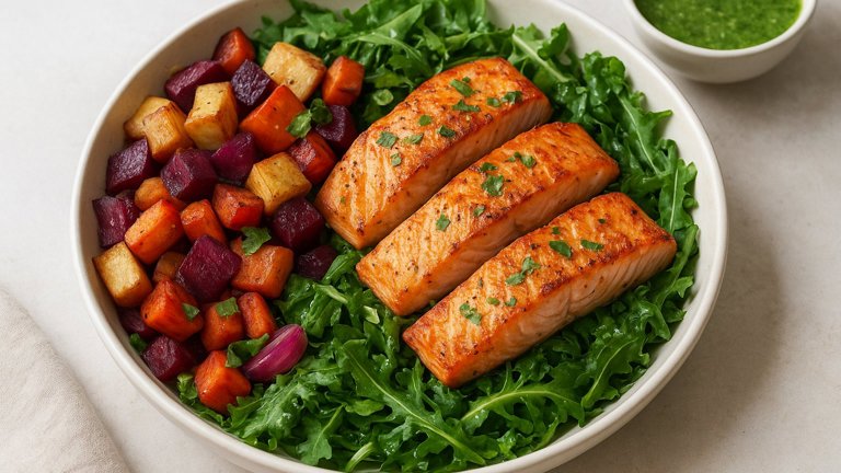 Grilled Salmon & Roasted Vegetable Bowl