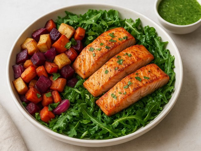 Grilled Salmon & Roasted Vegetable Bowl