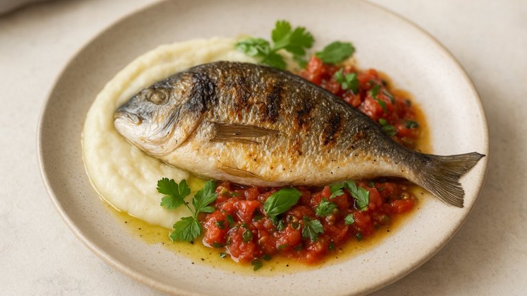 Grilled SEA Bream With Cauliflower Purée And Antiboise Sauce