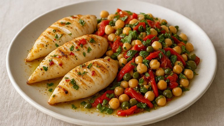Grilled Squid With Chickpea, Piquillo Pepper And Preserved Lemon Salad