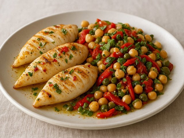 Grilled Squid With Chickpea, Piquillo Pepper And Preserved Lemon Salad