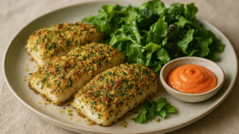 HAKE in a LEMON-CORIANDER CRUST with RED PEPPER AIOLI