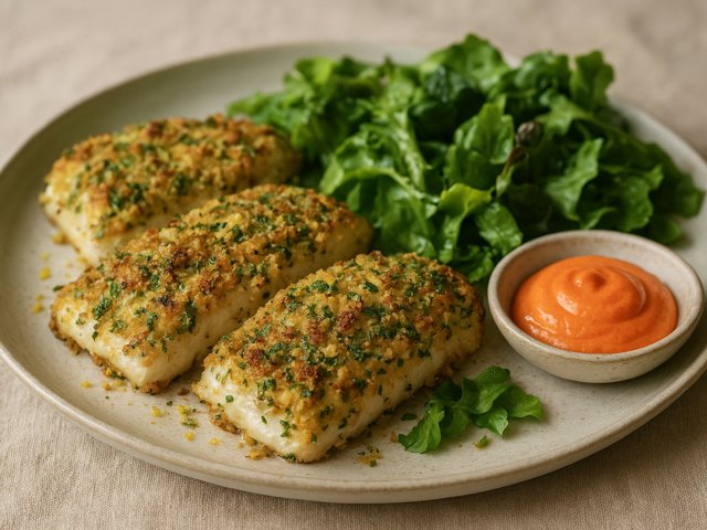 Hake In A Lemon-Coriander Crust With Red Pepper Aioli