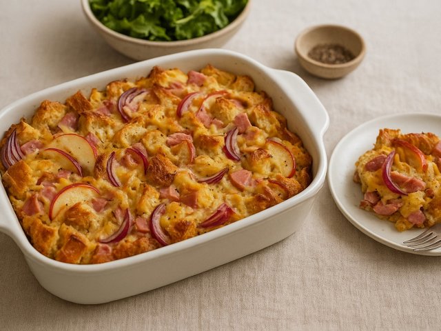 Ham, Cheddar & Red Onion Bread Pudding