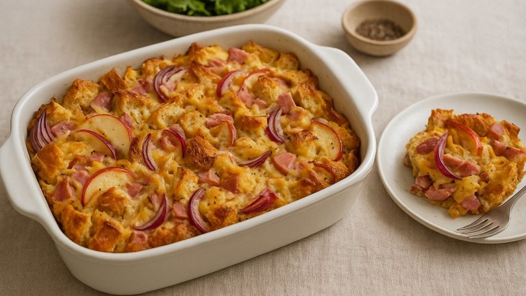 Ham, Cheddar & Red Onion Bread Pudding
