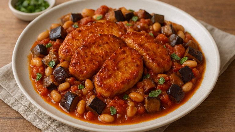 Harissa PORK Chops: With Eggplant, White Beans, And Tomatoes