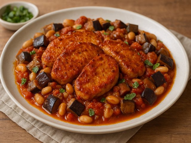 Harissa PORK Chops: With Eggplant, White Beans, And Tomatoes