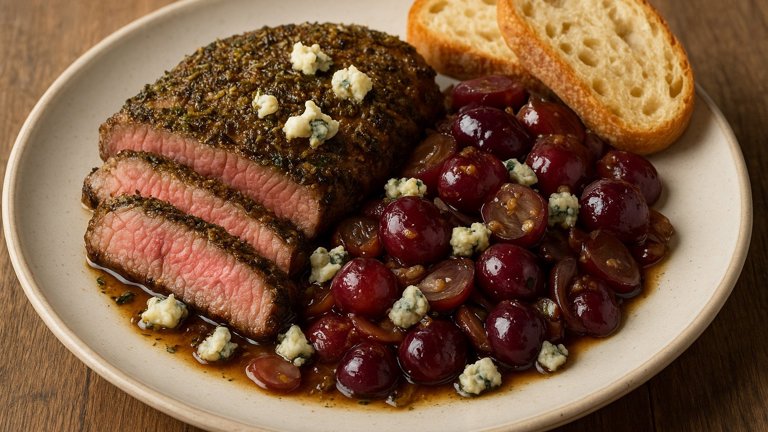 Herb-Crusted Flank Steak: With Sauteed Grapes And Blue Cheese