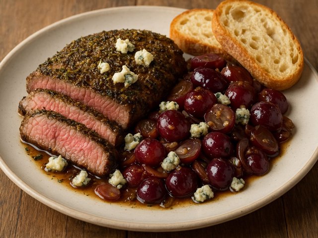 Herb-Crusted Flank Steak: With Sauteed Grapes And Blue Cheese