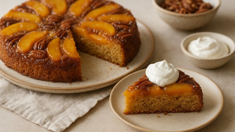 High Altitude Peach-Pecan Upside-Down Cake