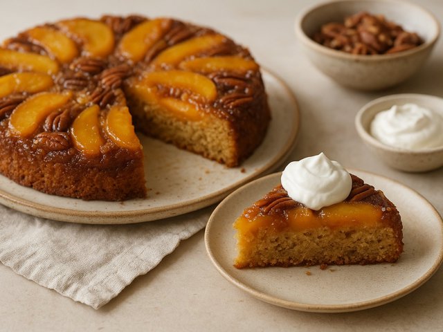 High Altitude Peach-Pecan Upside-Down Cake