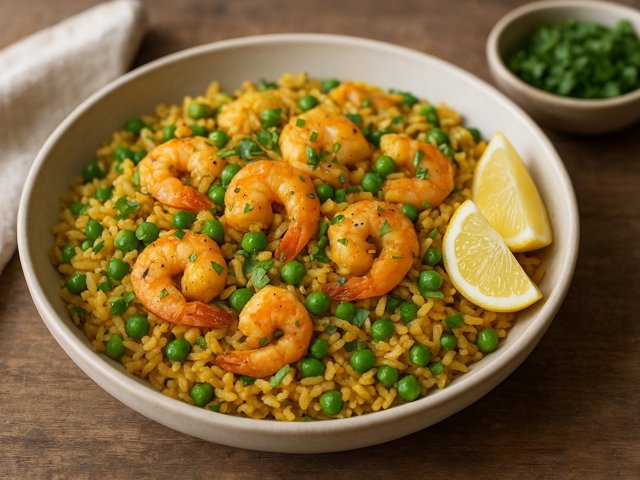 Indian Spiced Rice With Shrimp & Peas