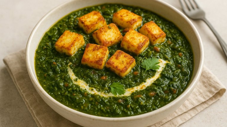 Indian Spinach with Fried Paneer (Palak Paneer)