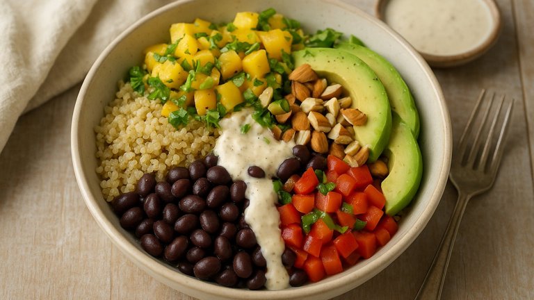 Island Black Bean–Quinoa Bowl with Mango Salsa & Coconut-Cashew Dressing