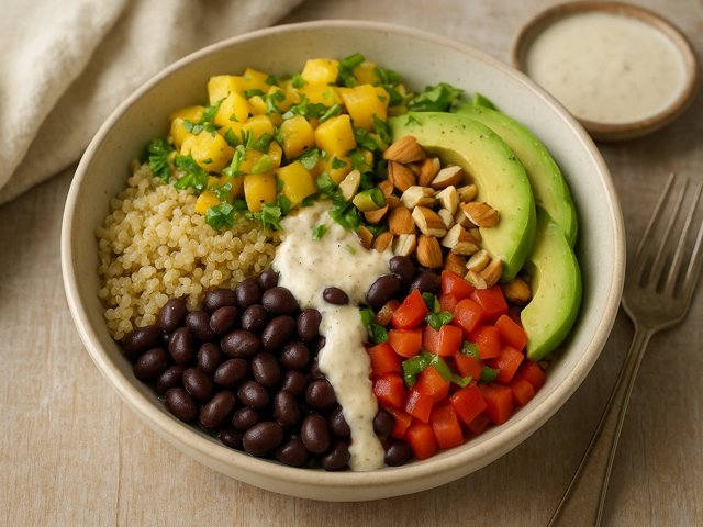 Island Black Bean–quinoa Bowl With Mango Salsa & Coconut-Cashew Dressing