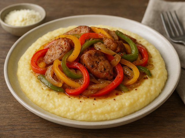 Italian Sausage And Peppers Over Creamy Polenta