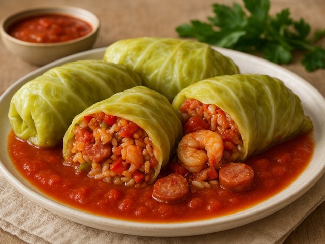 Jambalaya-Stuffed Cabbage Rolls