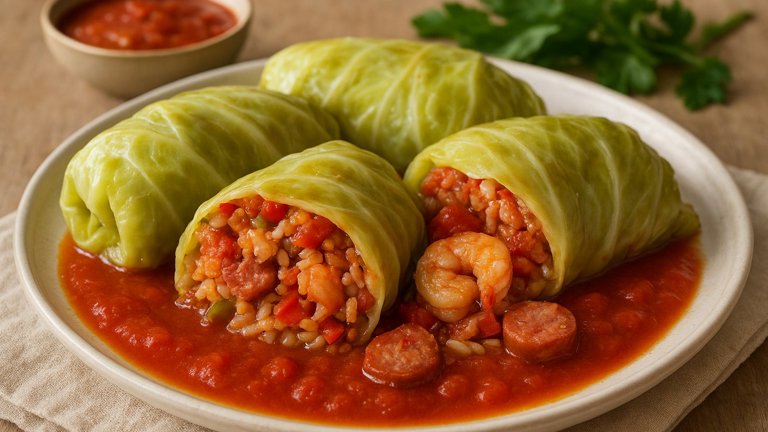 Jambalaya-Stuffed Cabbage Rolls
