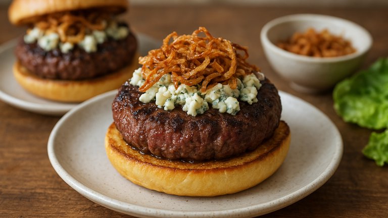 Juicy Pub-Style Burgers with Crispy Shallots and Blue Cheese